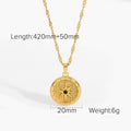Star-pattern round pendant with chain length and size labels