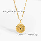 Star-pattern round pendant with chain length and size labels