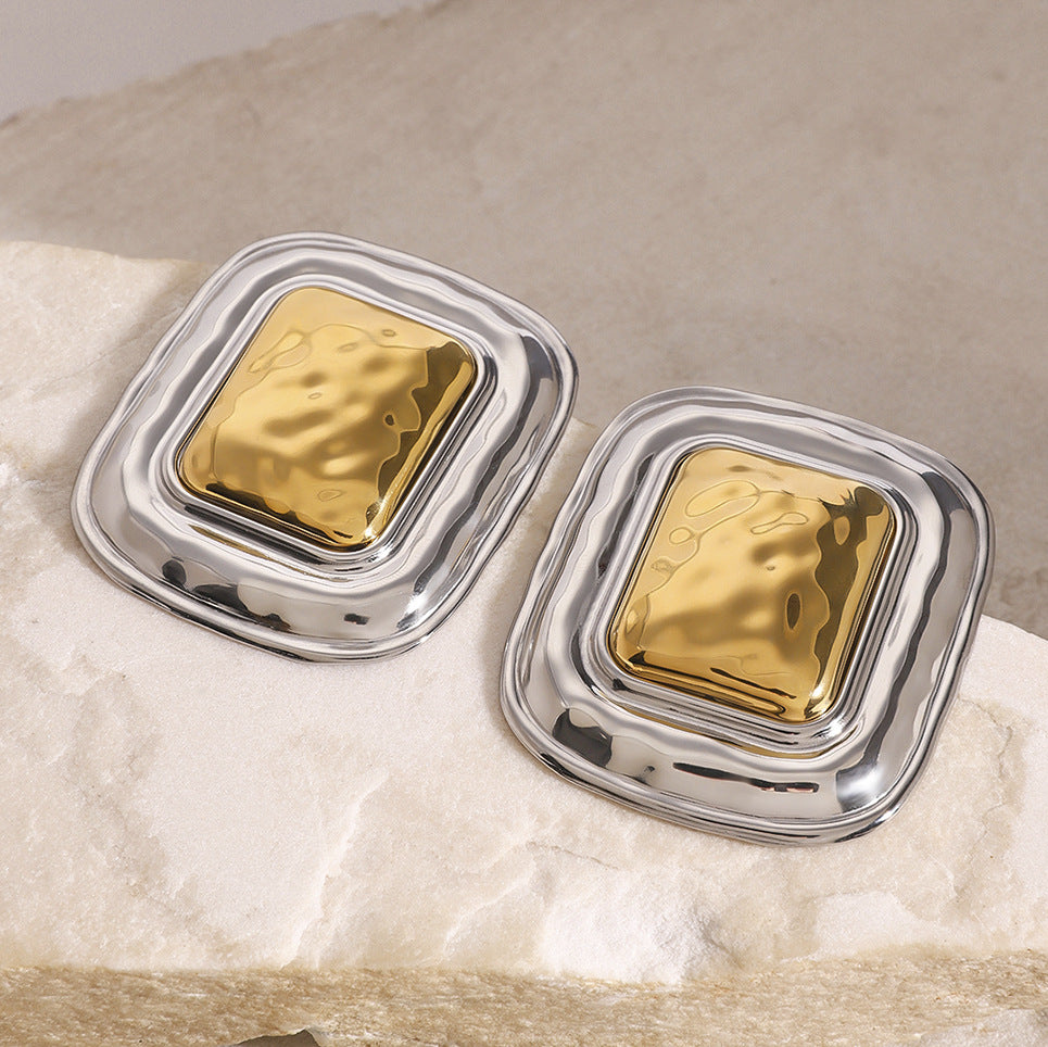Two-Tone Hammered Square Stainless Steel Statement Stud Earrings on-model view