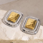 Two-Tone Hammered Square Stainless Steel Statement Stud Earrings on-model view