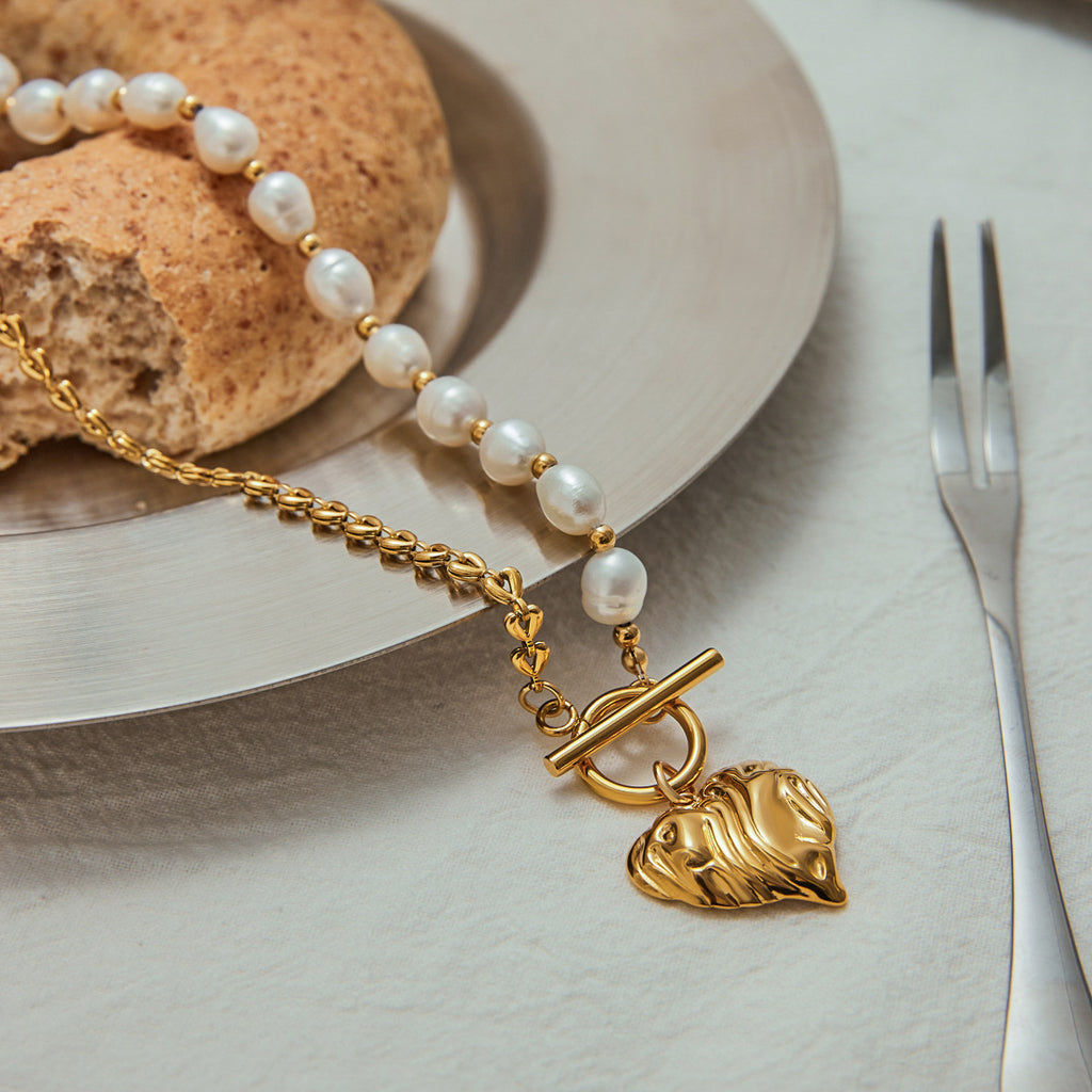 Gold-Tone Pearl-Look Heart Stainless Steel Necklace Collection – flat-lay view