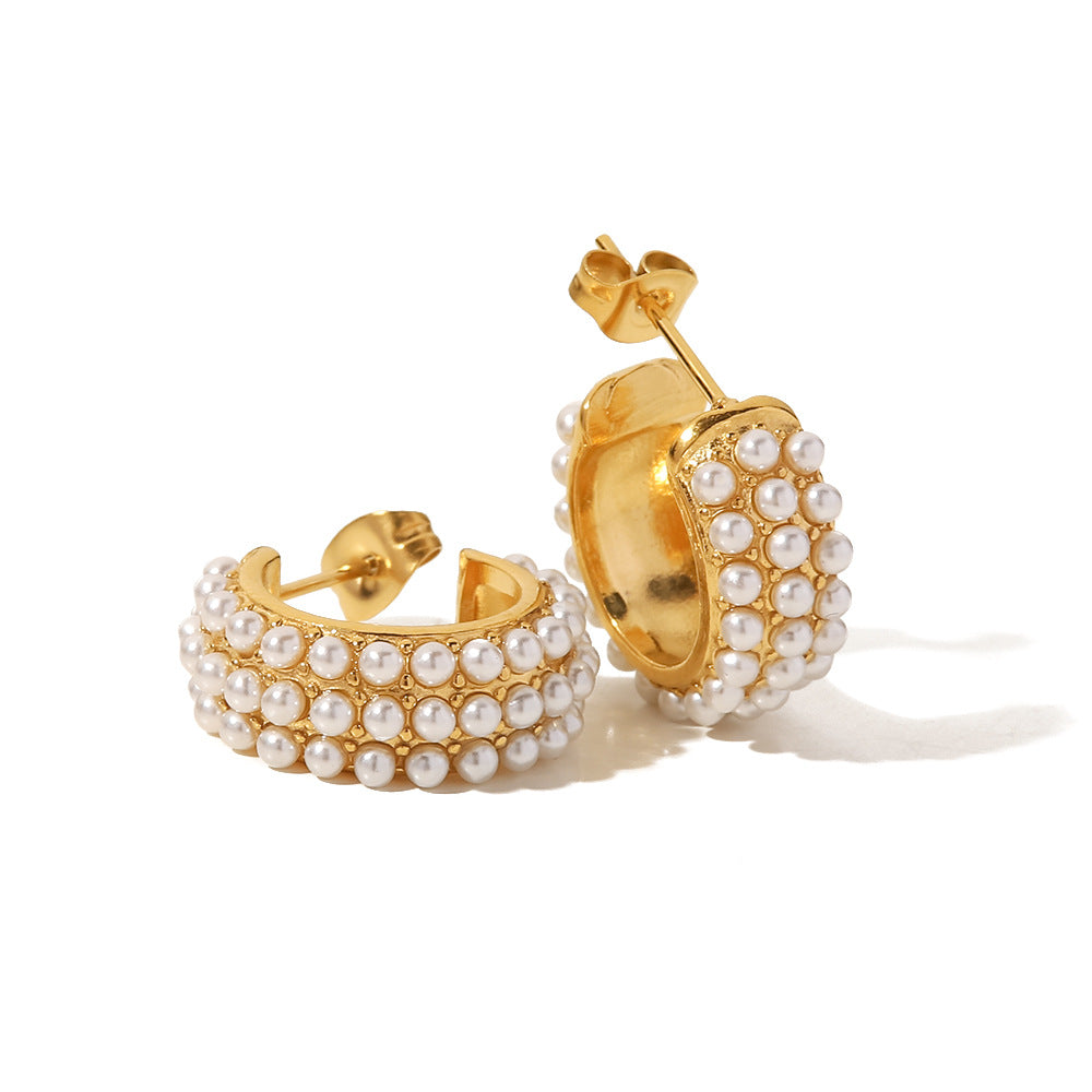 Gold Plated Pearl-Look Beaded Stainless Steel Hoop Earrings – product view 4