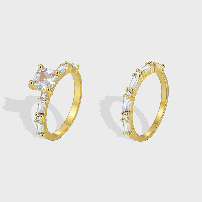 gold plated princess-cut zirconia solitaire and baguette band ring set