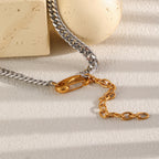 Close-up of gold tone lobster clasp and hanging links
