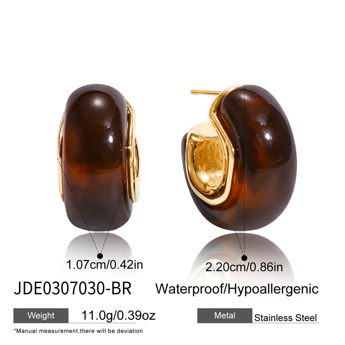 Brown rounded resin hoop with stainless steel setting and dimensions