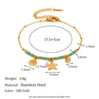 Gold Plated Stainless Steel Green Bead Starfish and Shell Bracelet — dimensions view