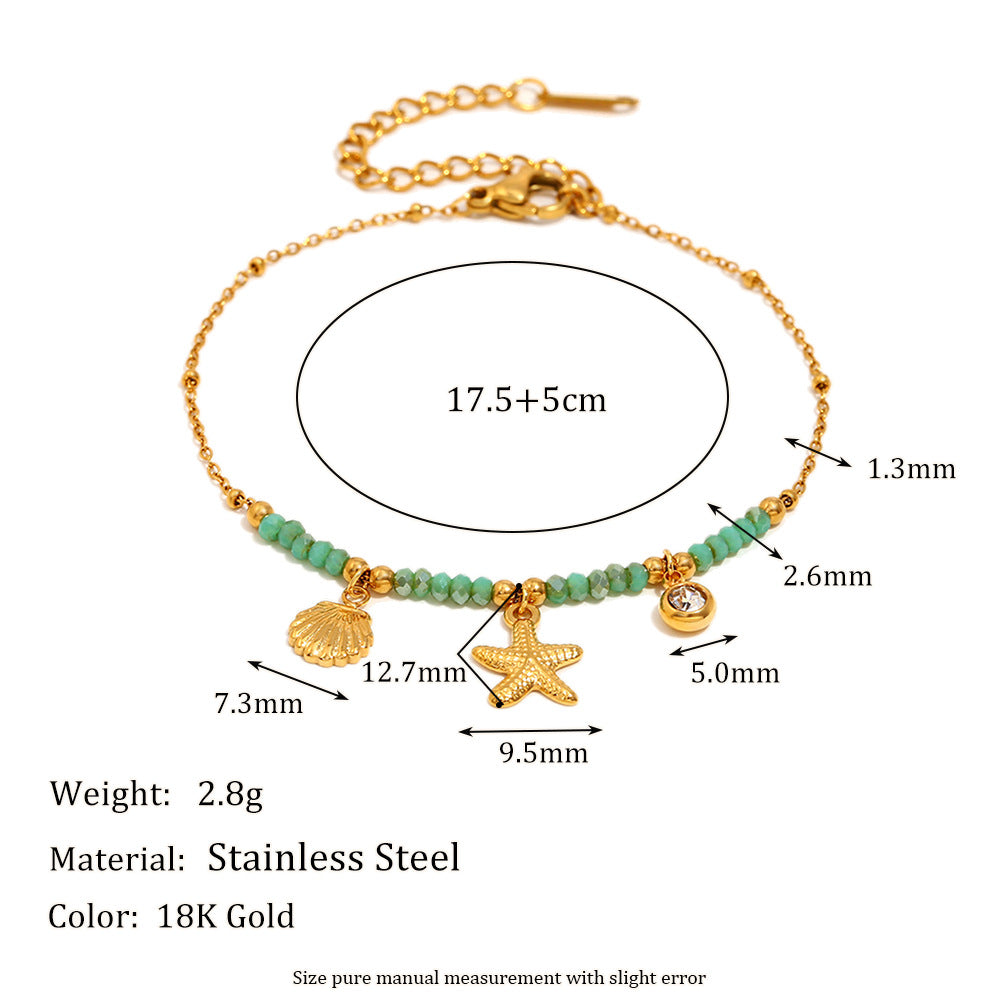Gold Plated Stainless Steel Green Bead Starfish and Shell Bracelet — dimensions view