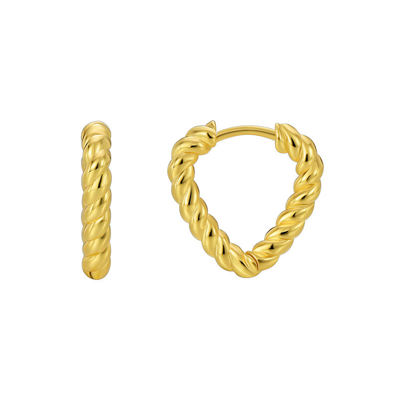 front and side view of compact gold plated heart hoops