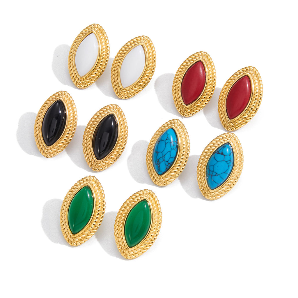 Gold-Tone Colored Cabochon Stainless Steel Statement Stud Earrings finish and shape detail