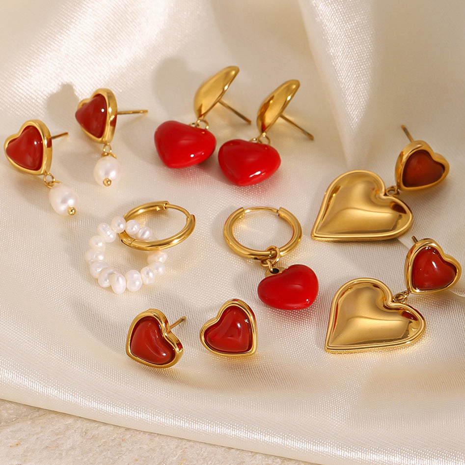 Gold-Tone Red Heart Stainless Steel Earring Collection — wholesale view 2