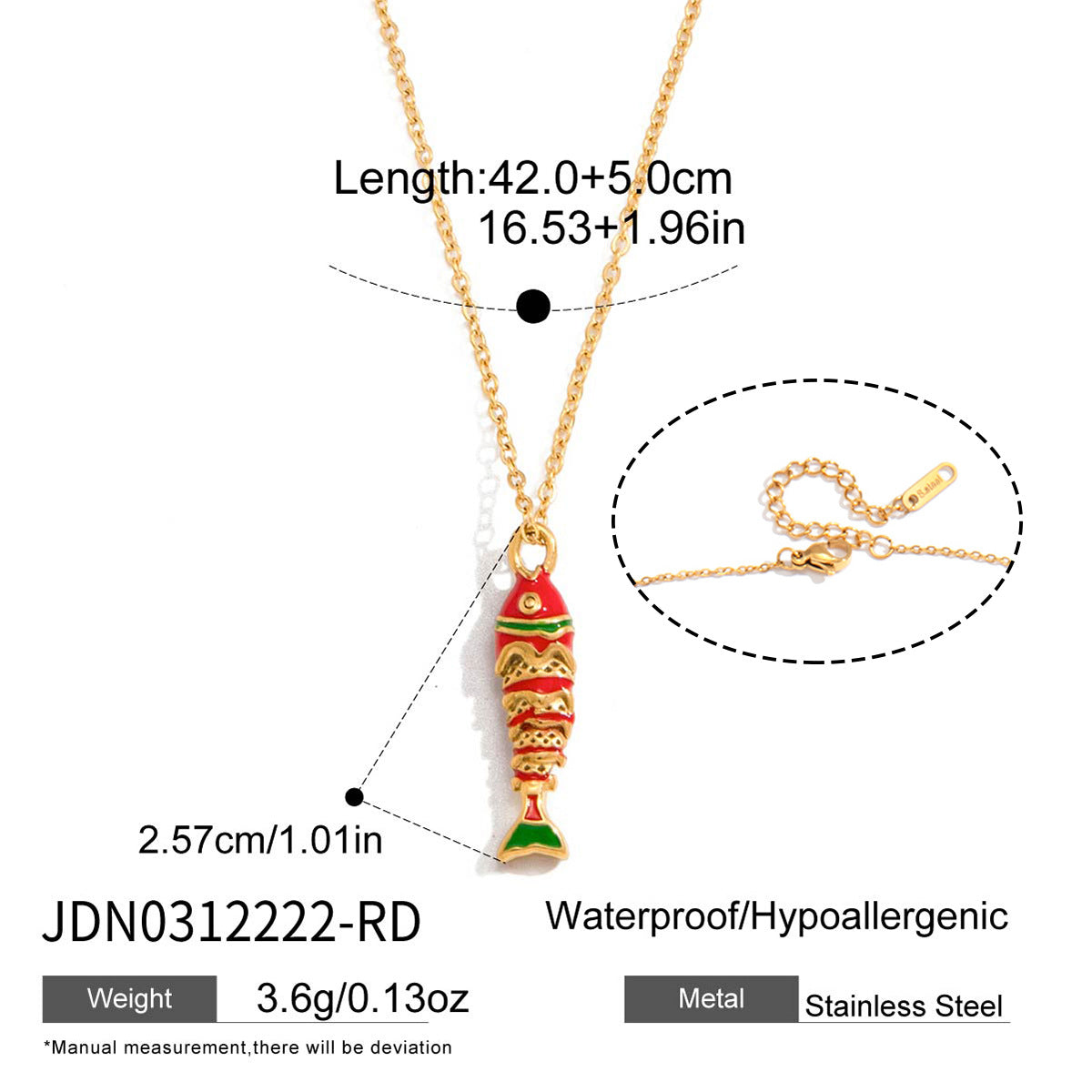 Red fish pendant necklace with extension chain detail