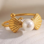 gold plated shell open ring with a round white imitation pearl