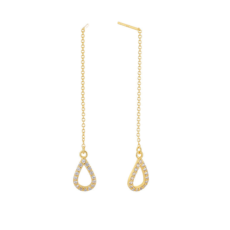 Gold Plated 925 Sterling Silver Teardrop Zirconia Threader Earrings — full pair with teardrop outlines