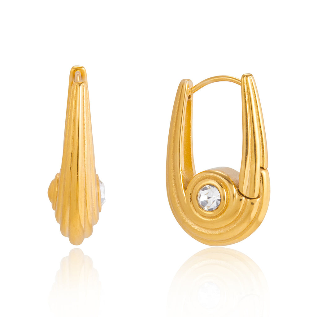 front and side views of tapered U-frame huggie earrings