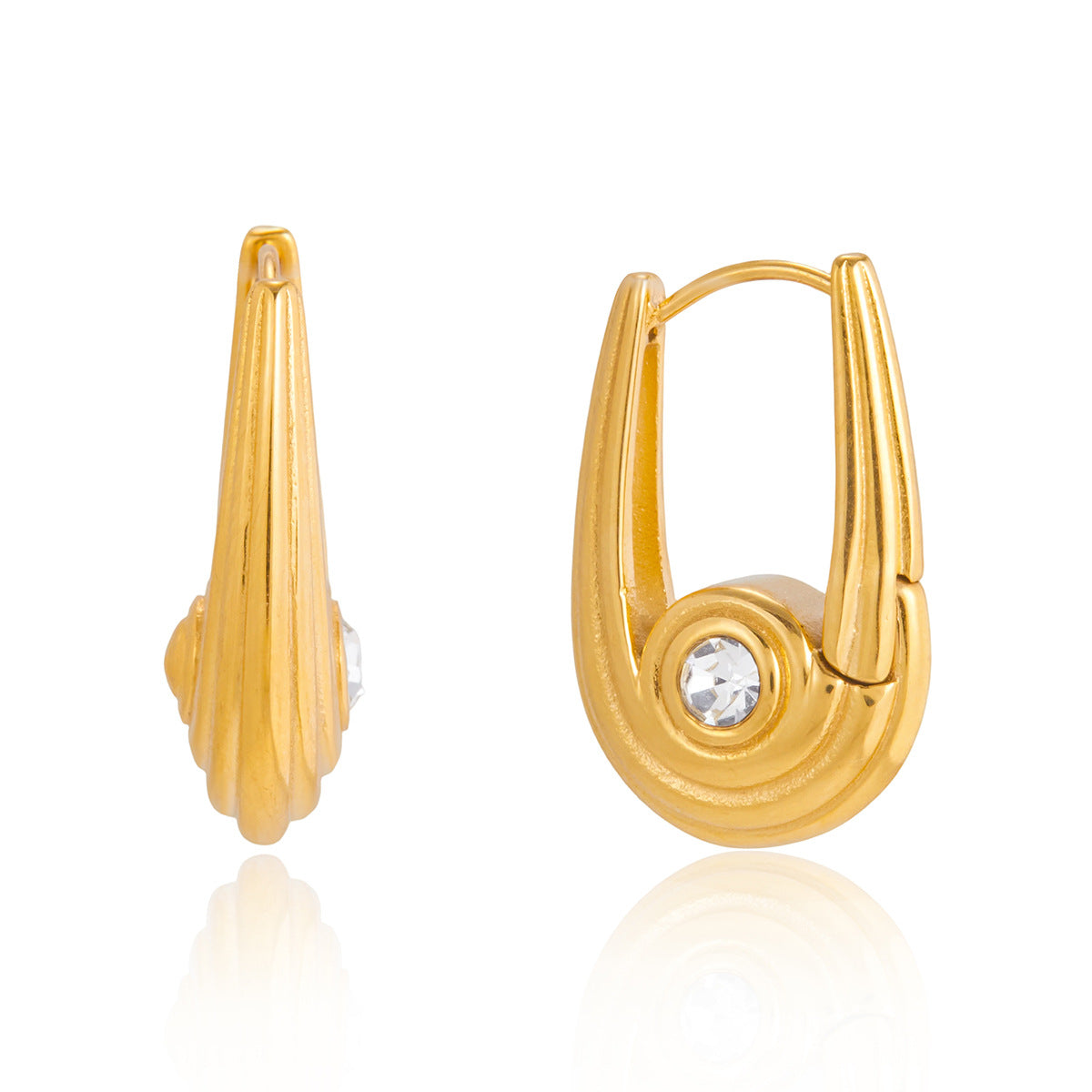 front and side views of tapered U-frame huggie earrings