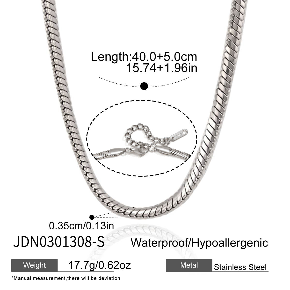 Silver tone snake necklace measurement diagram
