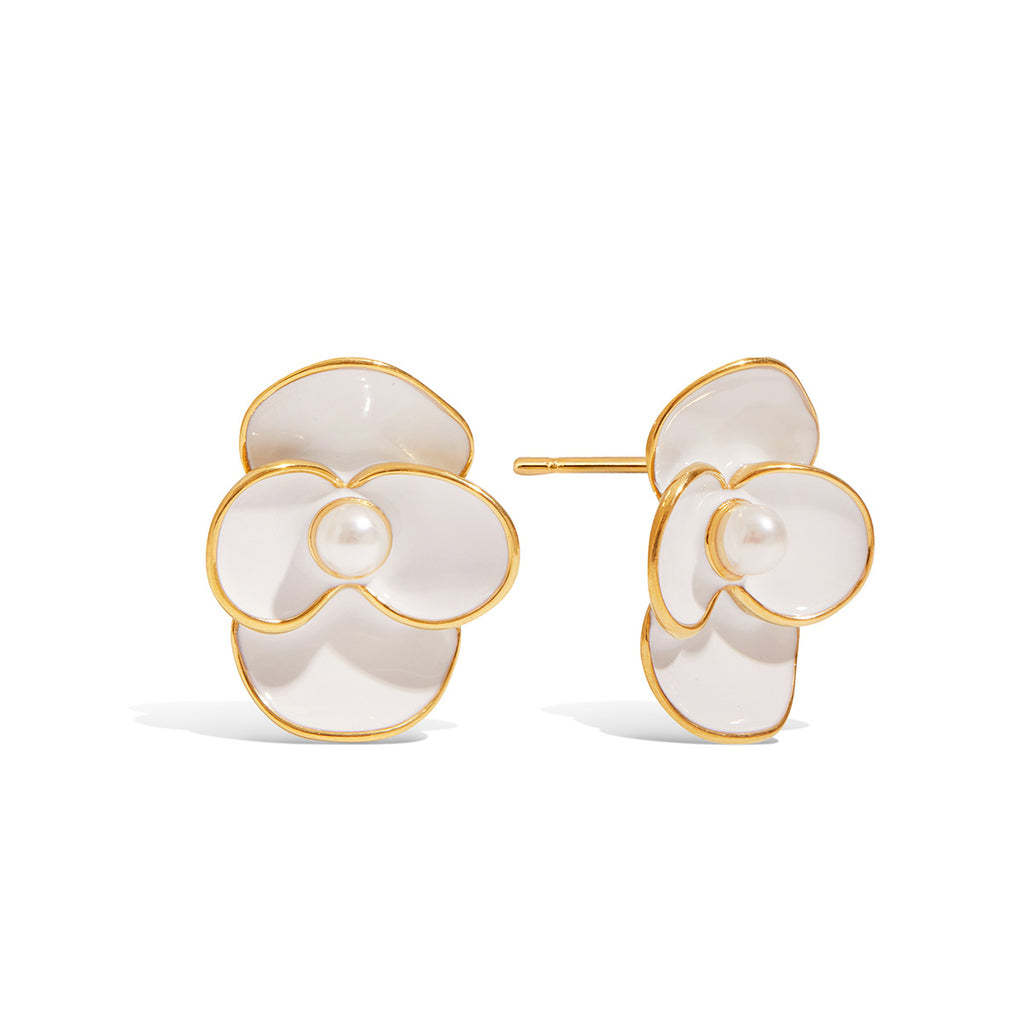Gold-Tone White Floral Stainless Steel Stud Earrings – front view