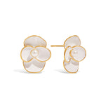 Gold-Tone White Floral Stainless Steel Stud Earrings – front view