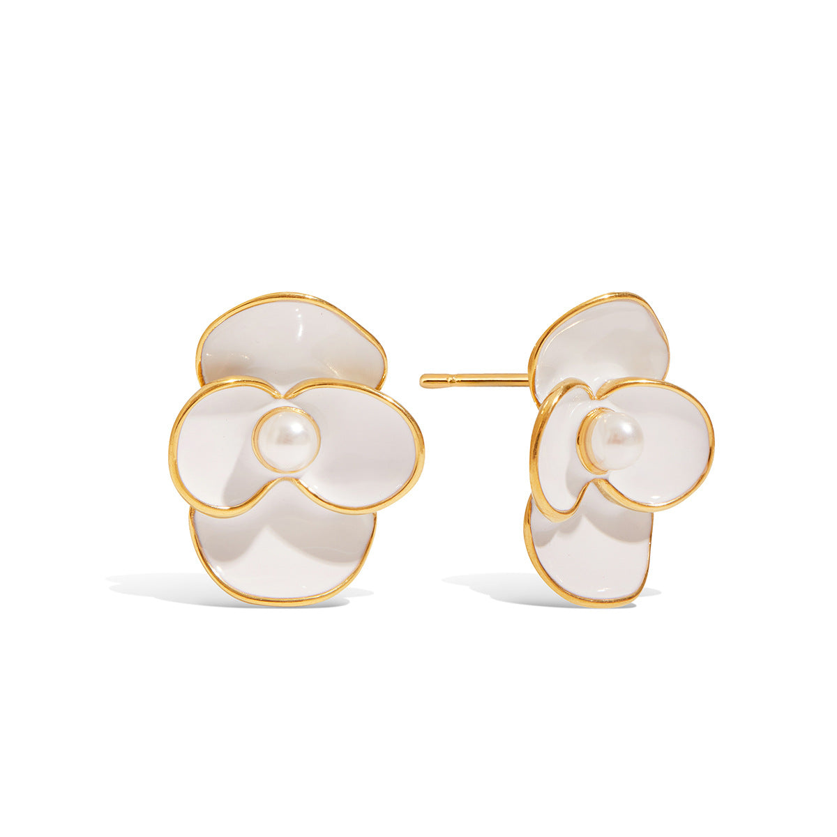 Gold-Tone White Floral Stainless Steel Stud Earrings – front view