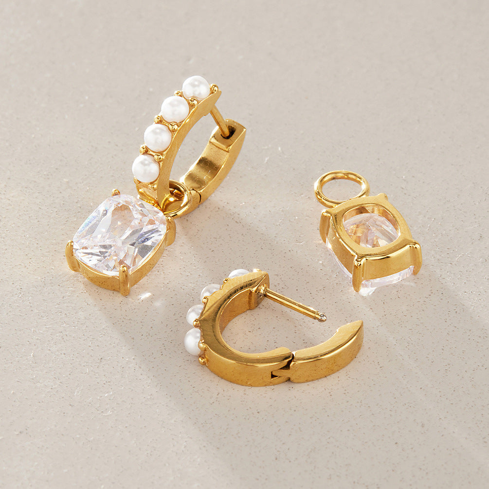 Hoop and clear drop shown separated beside an assembled earring