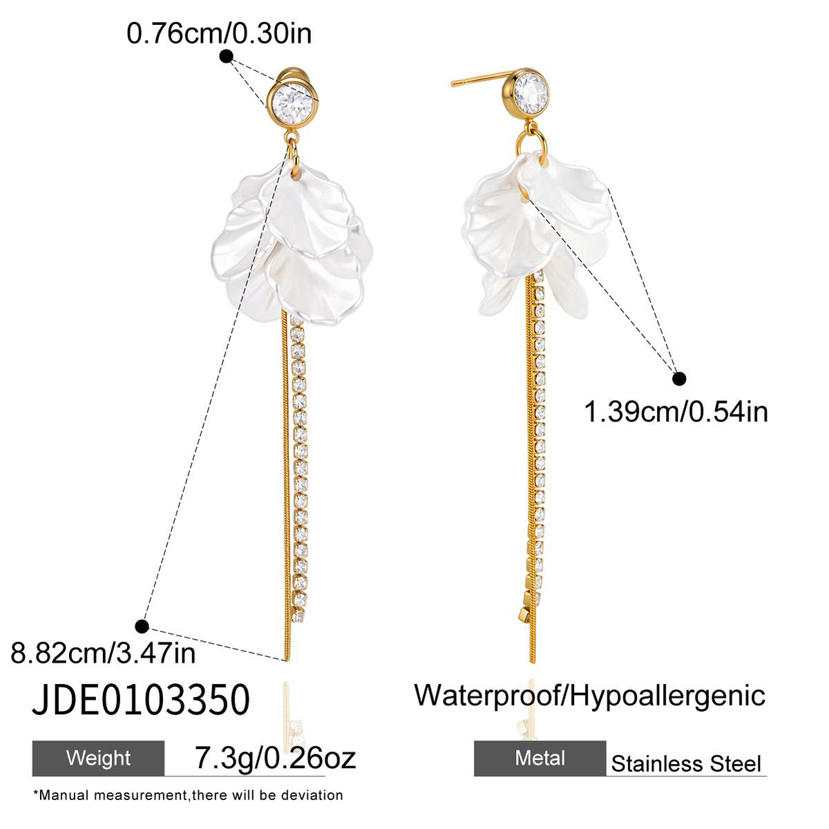 Petal stud earring with long clear-stone line and measurements