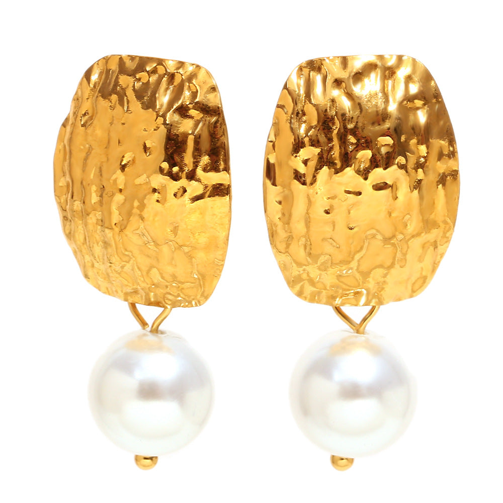 alternate isolated view of gold plated hammered pearl earrings
