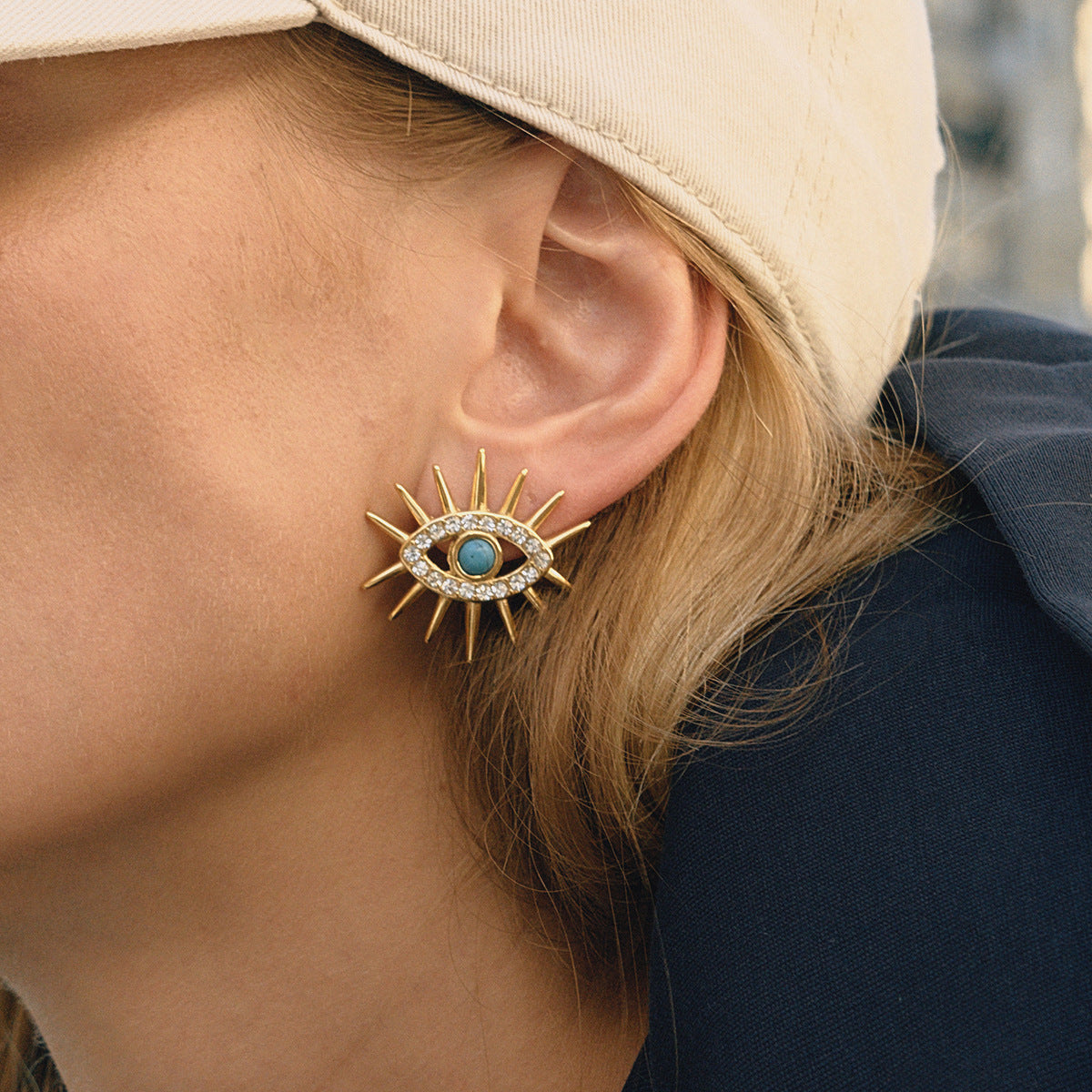 Blue Cabochon Evil Eye Stainless Steel Earrings and Ring — blue evil-eye stud earring option