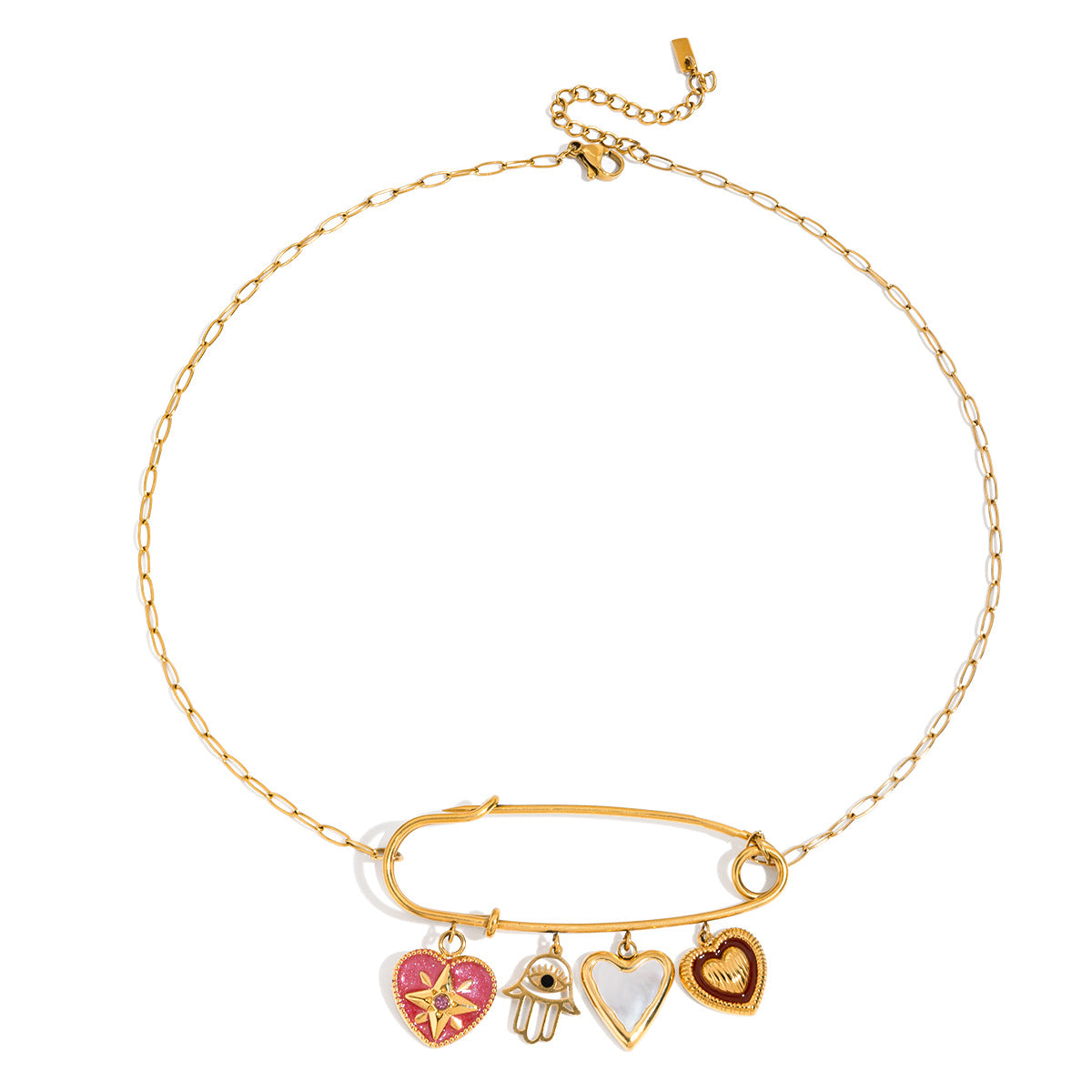 Full stainless steel necklace with safety-pin centerpiece and heart charms