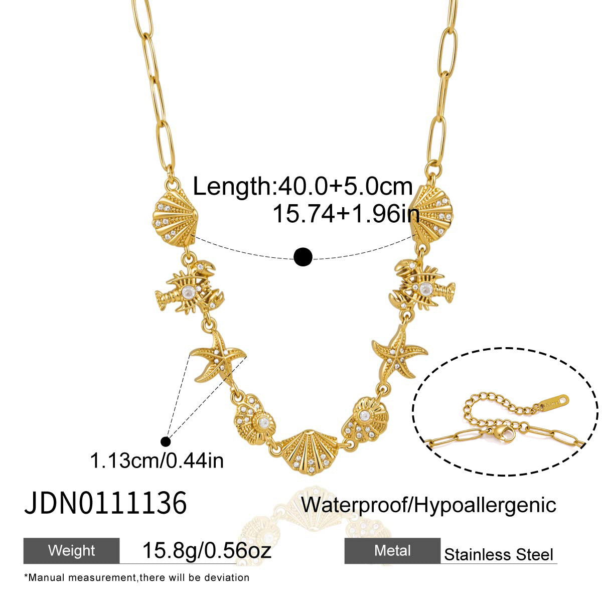 Shell and starfish necklace with extension chain measurement
