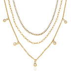 Triple layer necklace with dangling round clear charms on white