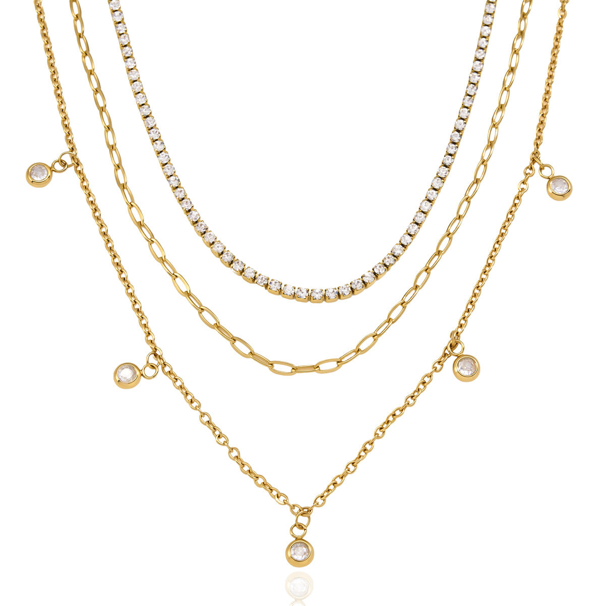 Triple layer necklace with dangling round clear charms on white