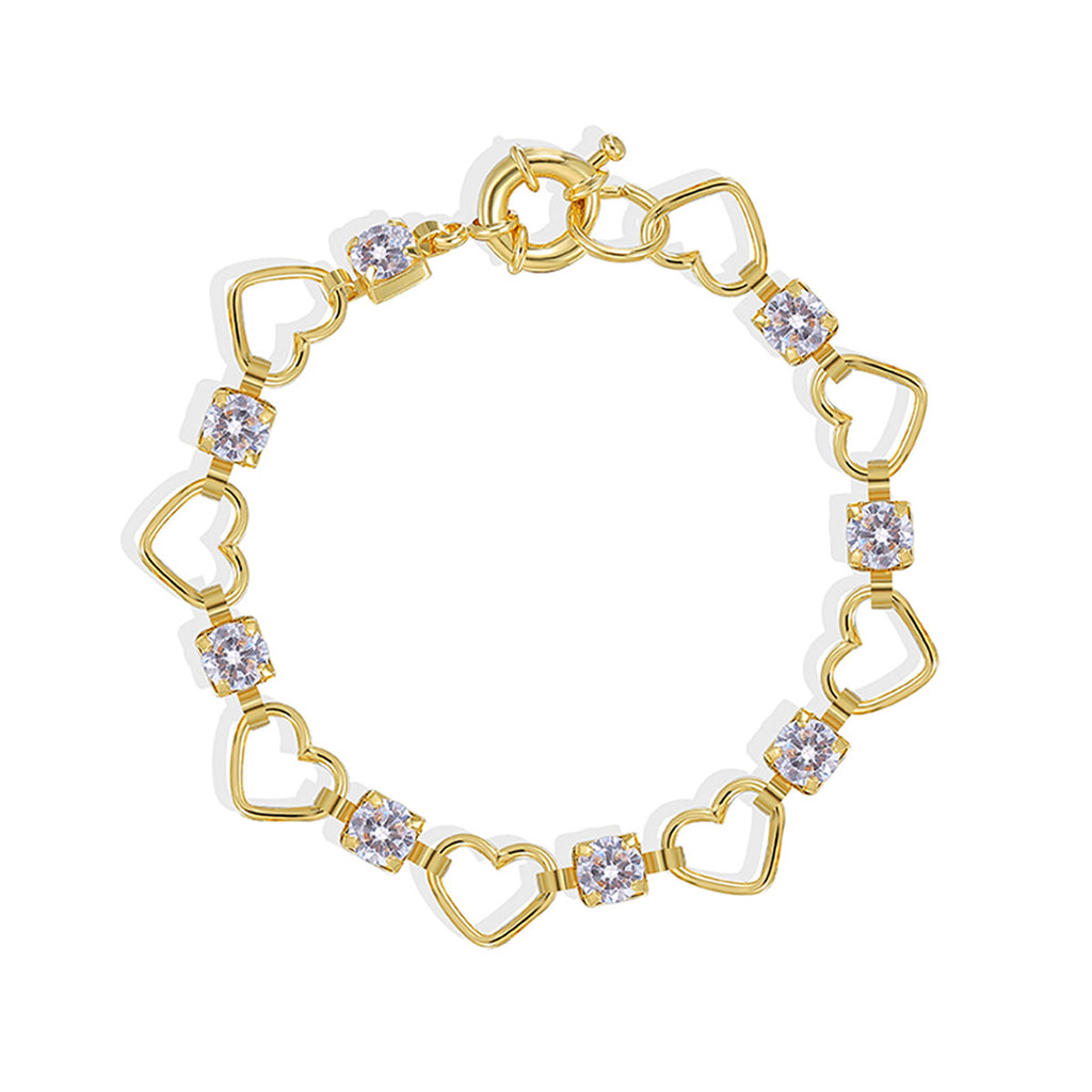 isolated full view of the gold plated open heart zirconia bracelet