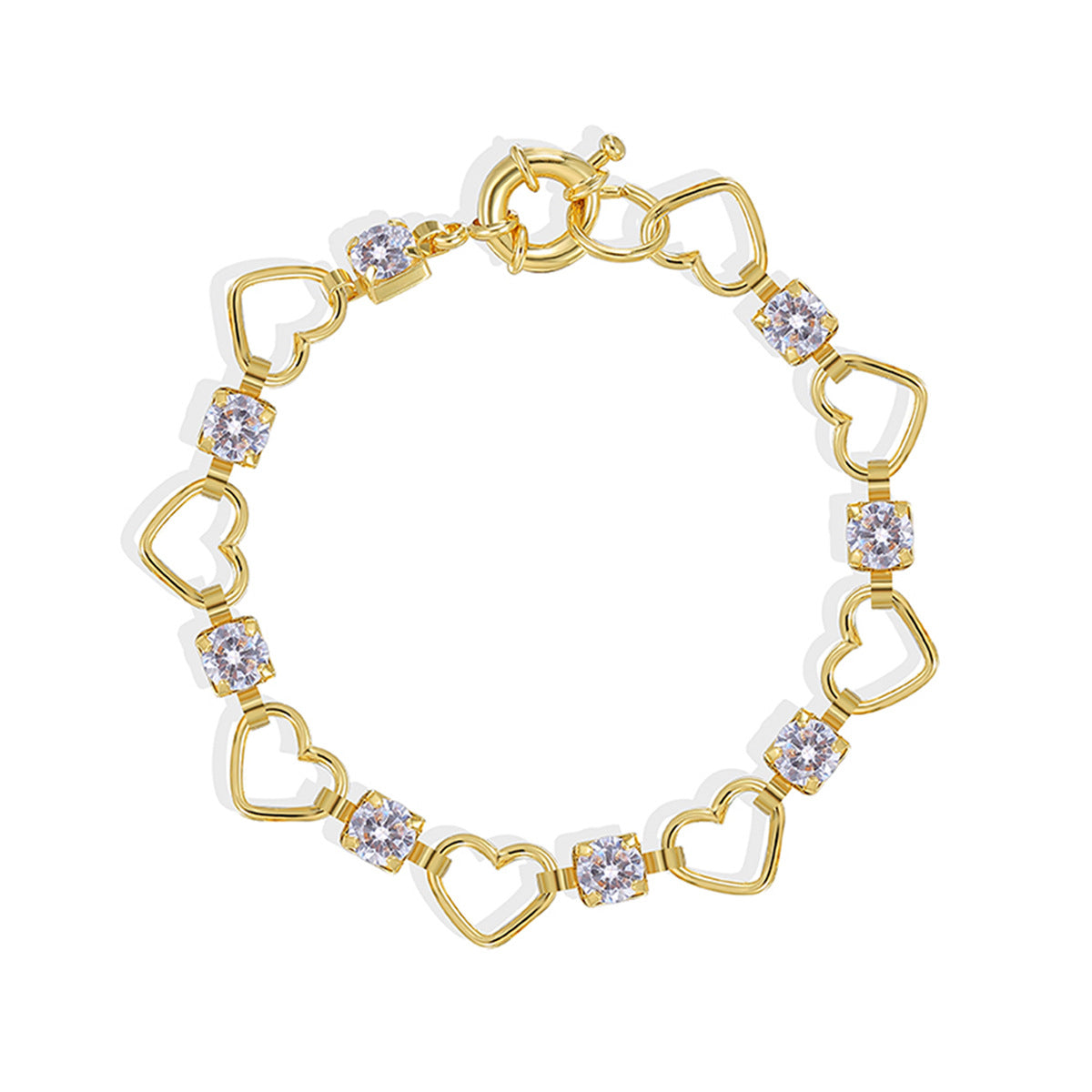isolated full view of the gold plated open heart zirconia bracelet