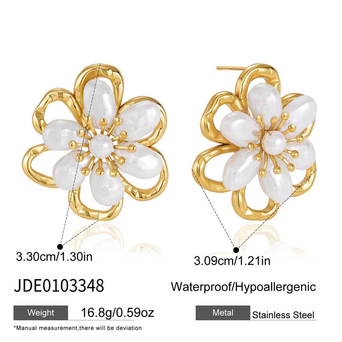 Large white pearl-look petal studs with gold tone outlines