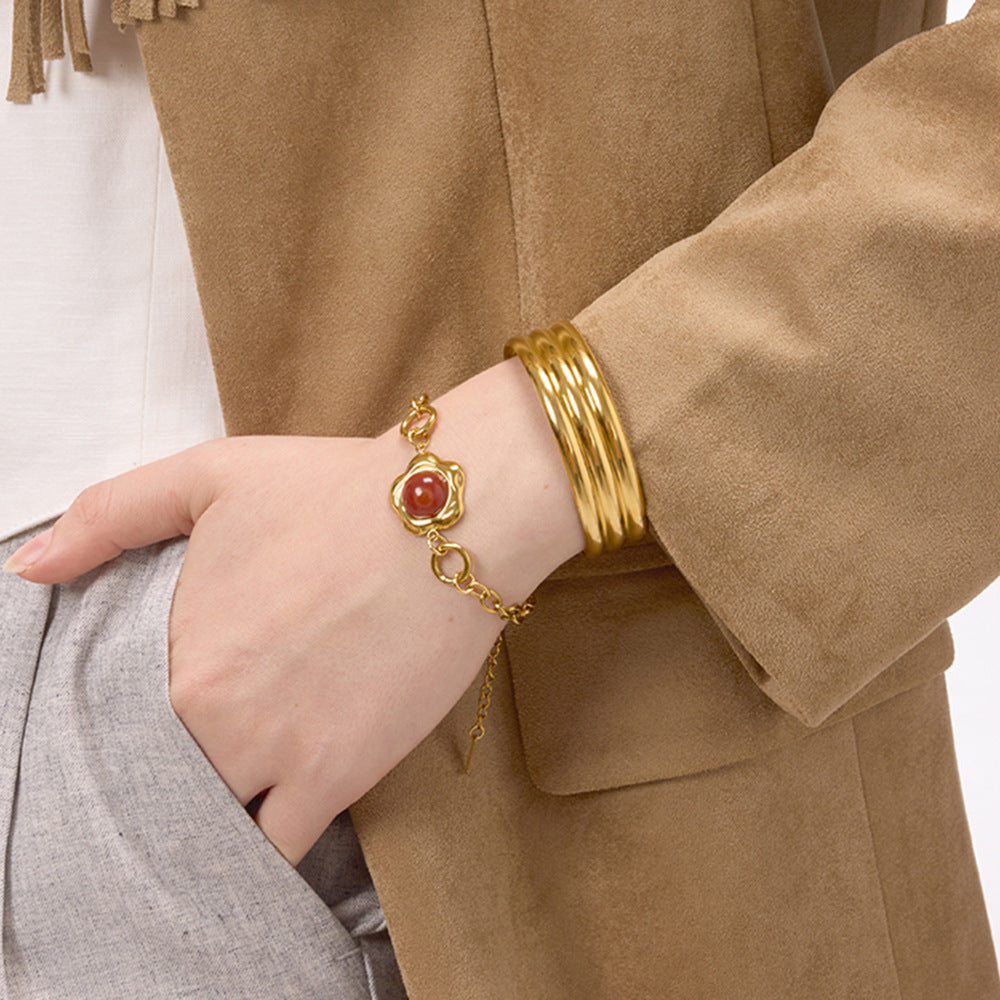 Gold-Tone Agate Cabochon Stainless Steel Statement Bracelet shown on model