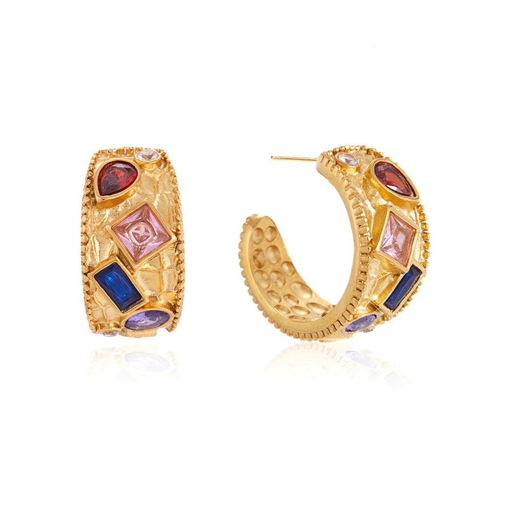 Stainless steel C-hoops showing colored stones and posts