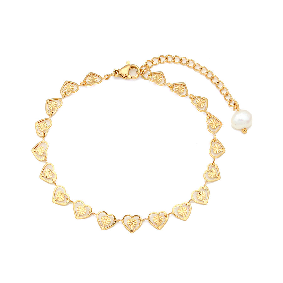 matching heart bracelet with extension chain and white bead drop