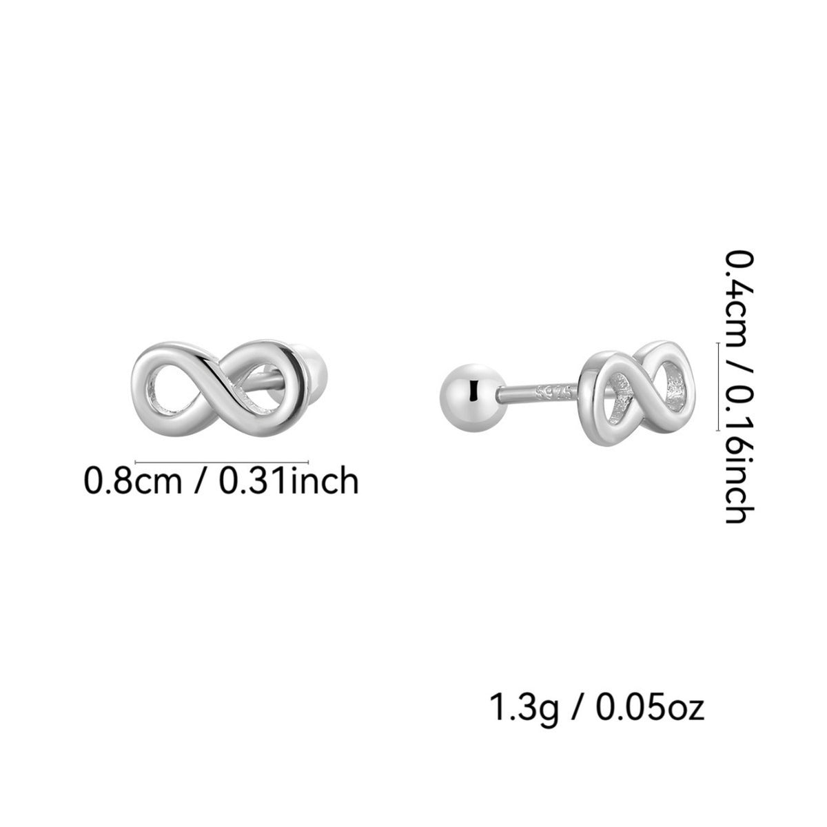 infinity stud dimensions and 1.3 g listed pair weight