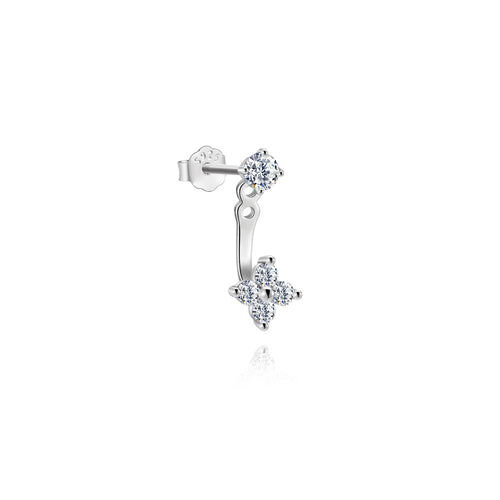 clean isolated view of a silver moissanite flower ear jacket earring