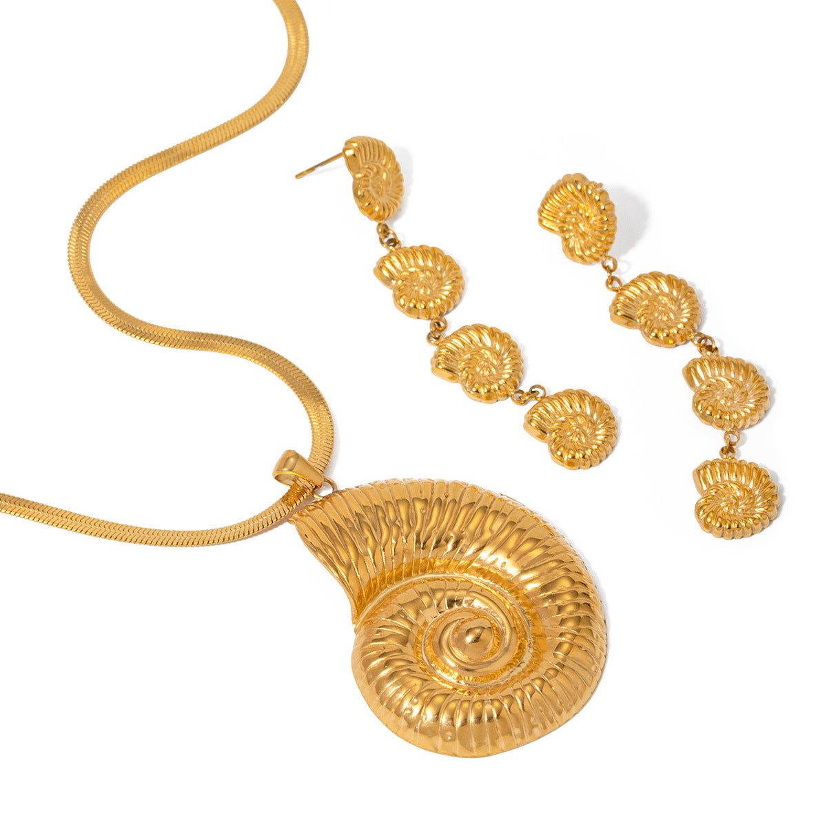 Large spiral shell necklace displayed beside shell earring references