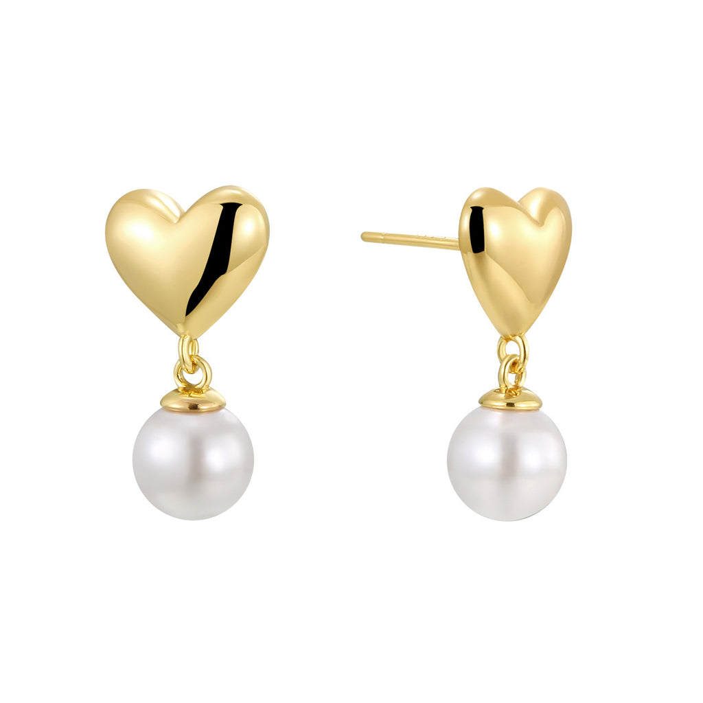 isolated front and side view of gold plated pearl heart earrings