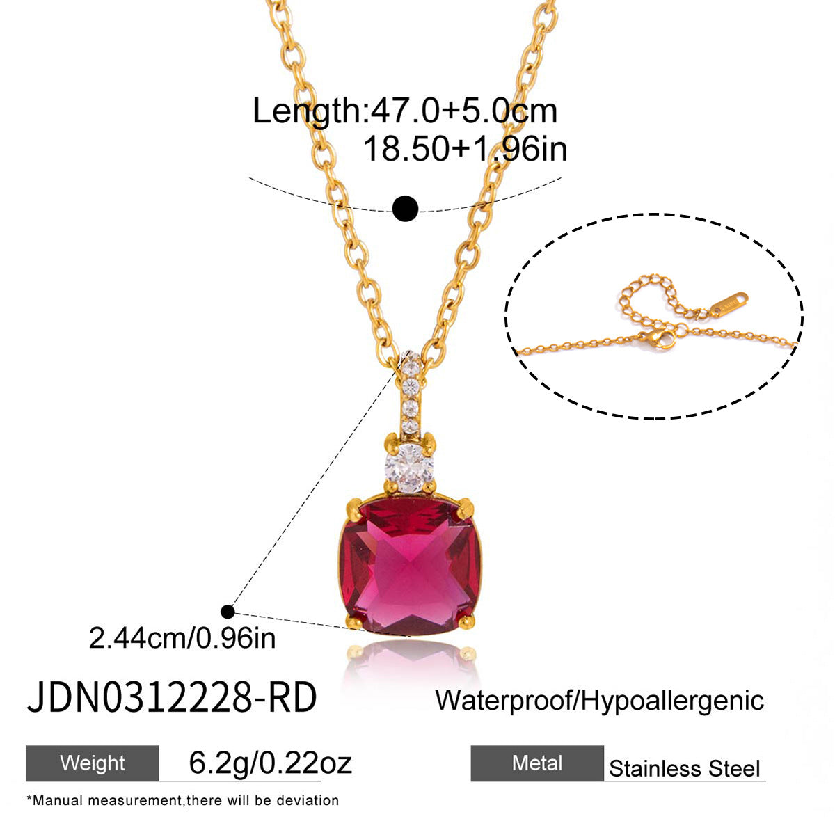 Red cushion pendant necklace size chart