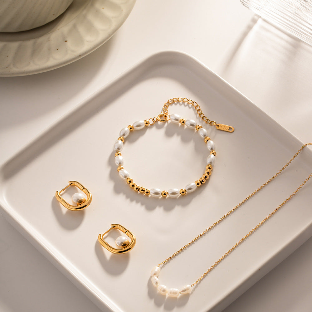 Gold Plated Stainless Steel Glass Pearl Bead Chain Bracelet — worn view