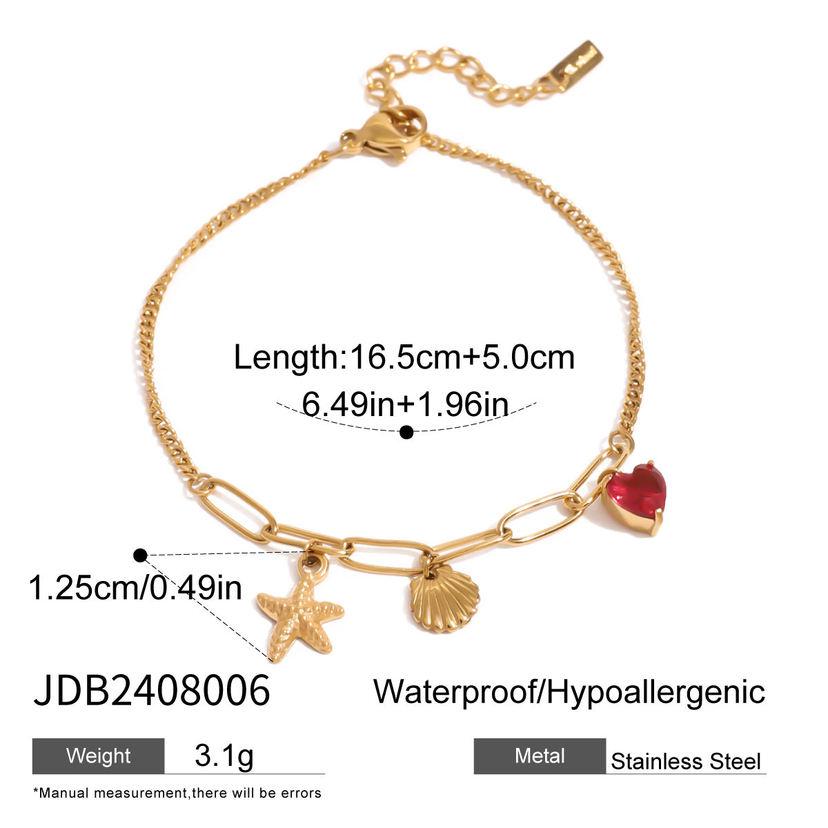 Gold Plated Stainless Steel Ocean Charm Bracelet Collection — scale reference