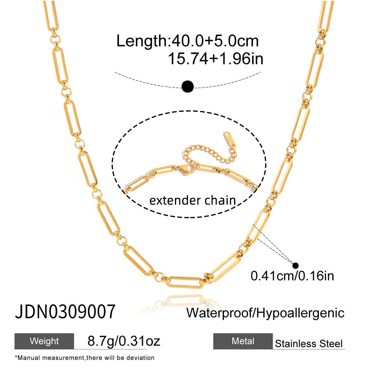 Paperclip necklace with size annotations