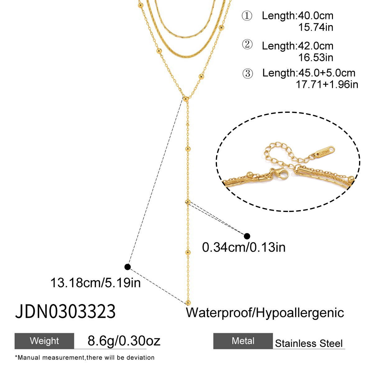 Necklace layer lengths center drop and shared clasp detail