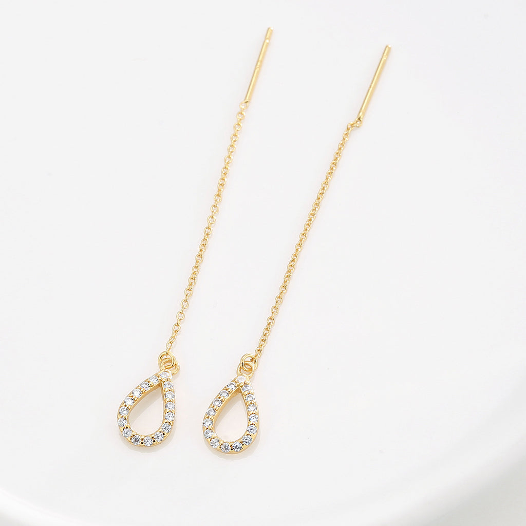 Gold Plated 925 Sterling Silver Teardrop Zirconia Threader Earrings — full chains and posts laid out