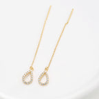 Gold Plated 925 Sterling Silver Teardrop Zirconia Threader Earrings — full chains and posts laid out