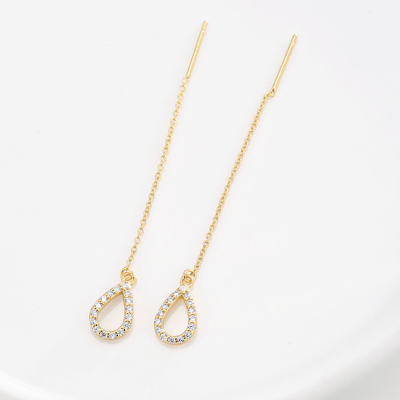 Gold Plated 925 Sterling Silver Teardrop Zirconia Threader Earrings — full chains and posts laid out