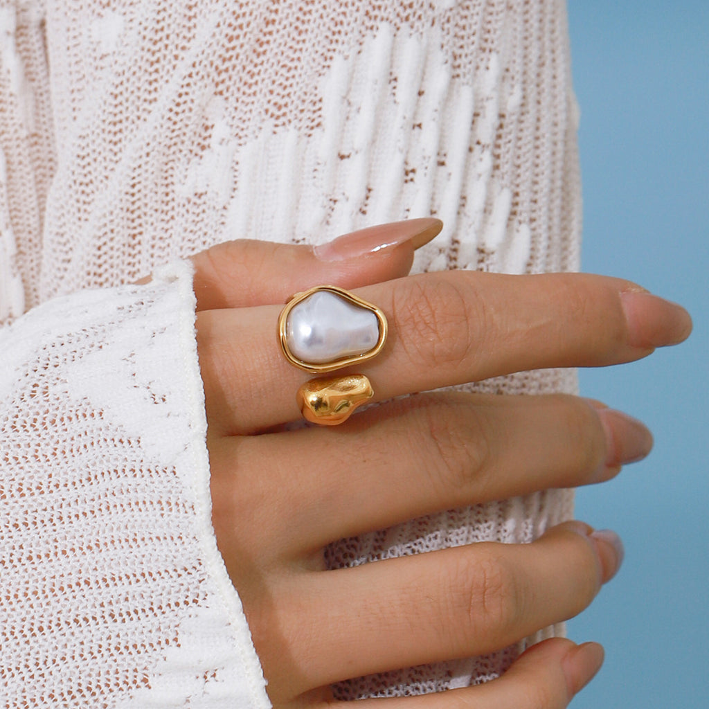 Wholesale Gold-Tone Stainless Steel Pearl Open Ring - styled view